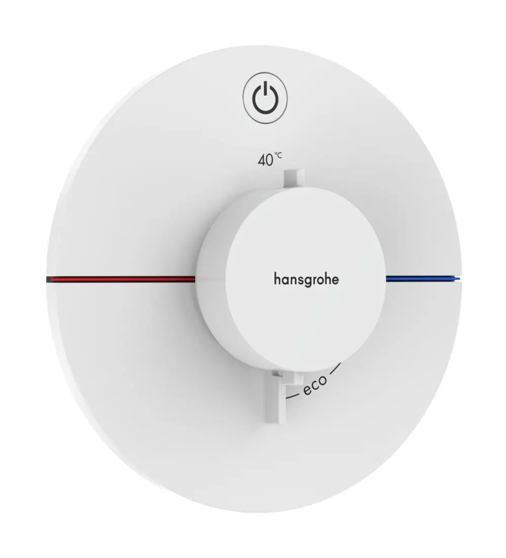 Thermostat zur Temperaturregelung in einem modernen Design, mit einem zentralen Drehregler und klaren Temperatureinstellungen, versehen mit der Marke Hansgrohe.